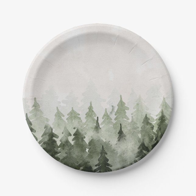 Misty Forest Pine Trees Paper Plate (Front)