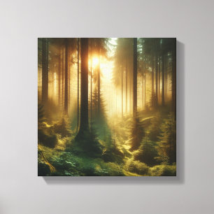 Misty Forest Sunrise Scene with Golden Light Dew Canvas Print
