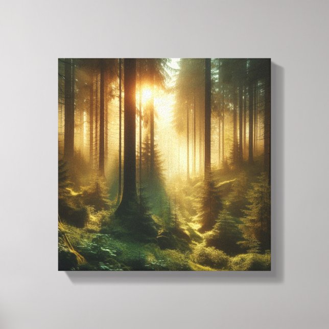 Misty Forest Sunrise Scene with Golden Light Dew Canvas Print (Front)