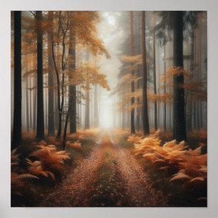 Misty Forest Trail in Autumn Glow – Poster 