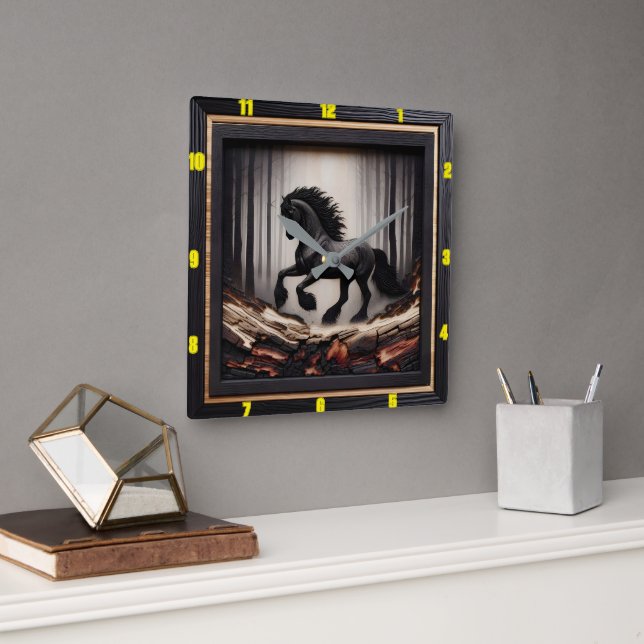 Misty Gallop: Customizable Charred Wood Friesian Square Wall Clock (Office)
