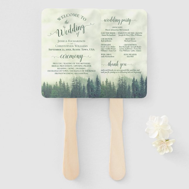 Misty Green Pine Trees Rustic Wedding Program Hand Fan (Front and Back)