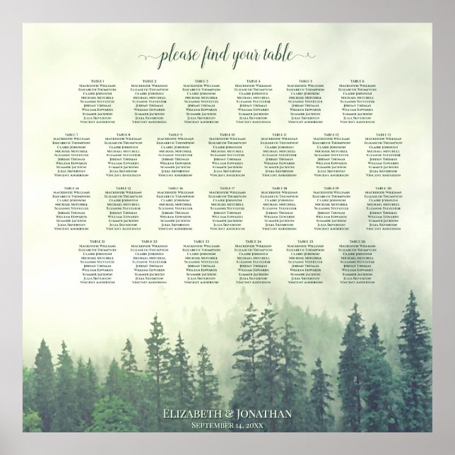Misty Green Pines 26 Table Wedding Seating Chart (Front)