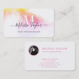 Misty Holography Pink and Gold Monogram Photo Business Card