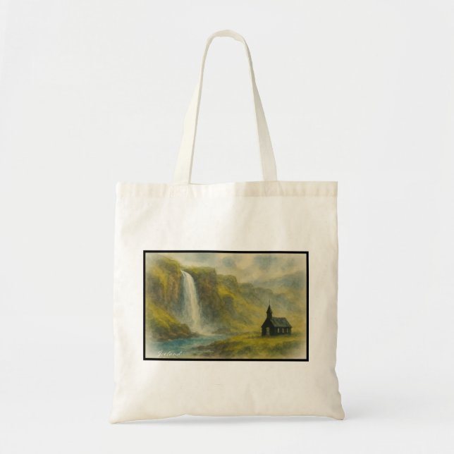 Misty Iceland Waterfall and Church, Nordic Land Tote Bag (Front)