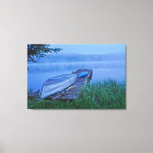 Misty Lake, Dock, Row Boat & Kayak Nature Scene Canvas Print
