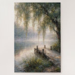 Misty Lake Dock with Willow Tree Jigsaw Puzzle<br><div class="desc">A peaceful wooden dock stretches over a still lake,  embraced by vibrant greenery and the gentle presence of a weeping willow tree</div>