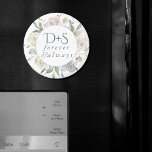 Misty Lake | Dusty Floral Always Forever Monogram Magnet<br><div class="desc">Romantic "forever & always" pastel floral wreath keepsake favour with couple's initials features a sophisticated hand-painted watercolor peony rose and hydrangea flower frame in smoky pastel shades of slate blue, off-white, muted marigold yellow, and blush pink embellished by botanical laurel greenery accents. This gorgeous layout presents your details in a...</div>