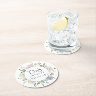 Misty Lake   Dusty Floral Always Forever Monogram Round Paper Coaster