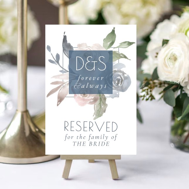 Misty Lake | Dusty Floral Always Forever Monogram Table Number (Creator Uploaded)
