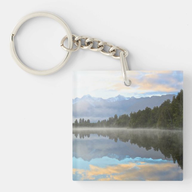 Misty Lake Trees Reflection Tranquil Nature Keychain (Front)