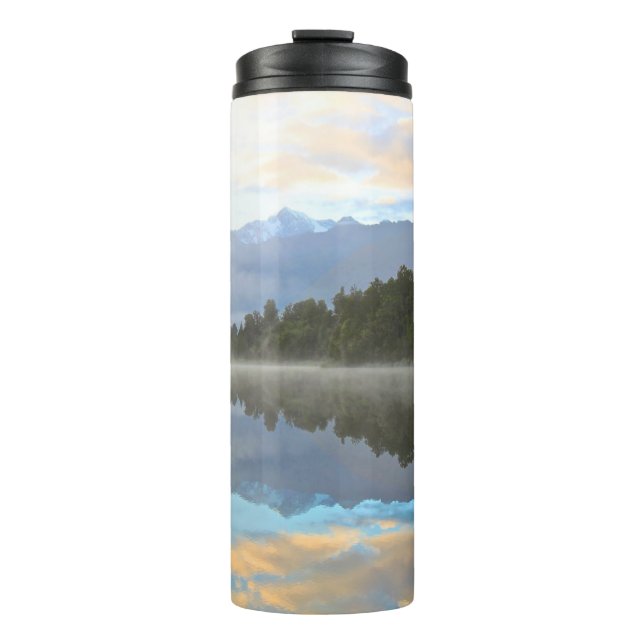 Misty Lake Trees Reflection Tranquil Nature Photo Thermal Tumbler (Front)