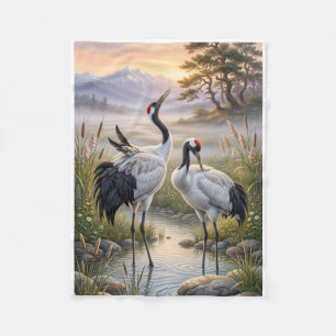 Misty Landscape Elegant Cranes Nature Wildlife Fle Fleece Blanket