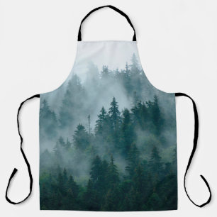 Misty landscape with fir forest in hipster vintage apron