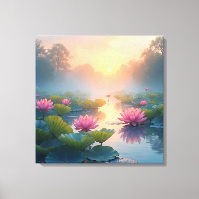 Misty Lotus Pond at Dawn Canvas Print (Front)