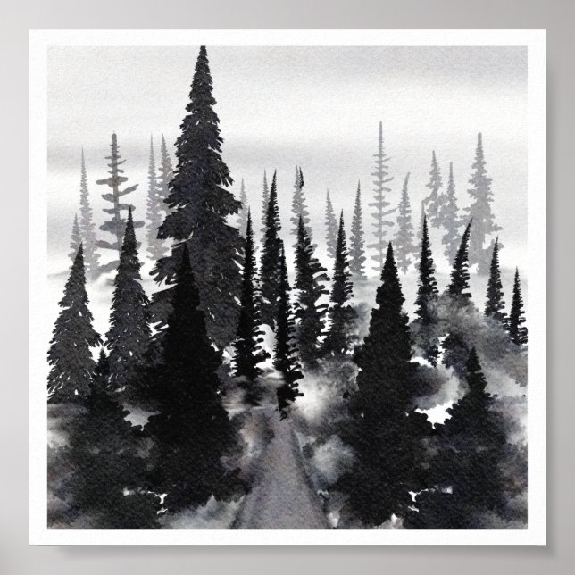 Misty Monochrome Pine Forest Watercolor Art Print (Front)