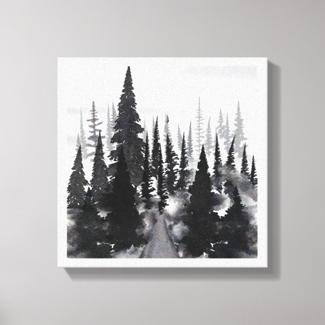 Misty Monochrome Pine Forest Watercolor Art Print (Front)