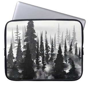 Misty Monochrome Pine Forest Watercolor Art Print Laptop Sleeve