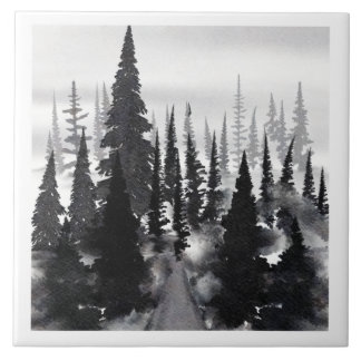 Misty Monochrome Pine Forest Watercolor Art Print Tile