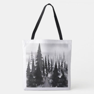 Misty Monochrome Pine Forest Watercolor Art Print Tote Bag