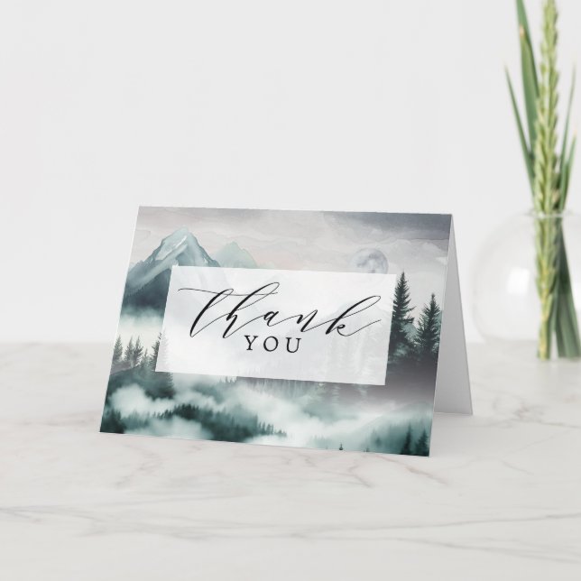 Misty Moonlight Mountain Forest Woods Wedding Thank You Card (Front)