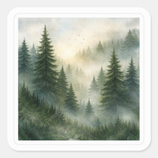 Misty morning in pine forest aesthetic square sticker