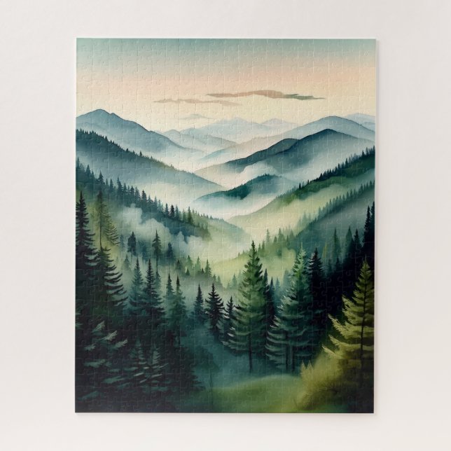 Misty Morning Mountain Pines Jigsaw Puzzle (Vertical)