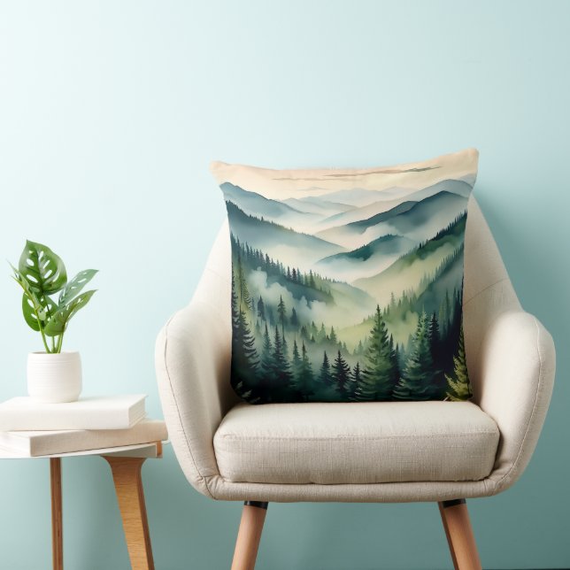 Misty Morning Mountain Pines Throw Pillow (Chair)