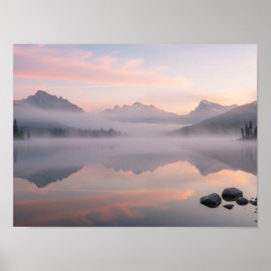 Misty Morning Serenity: Mountain Lake at Sunrise Poster