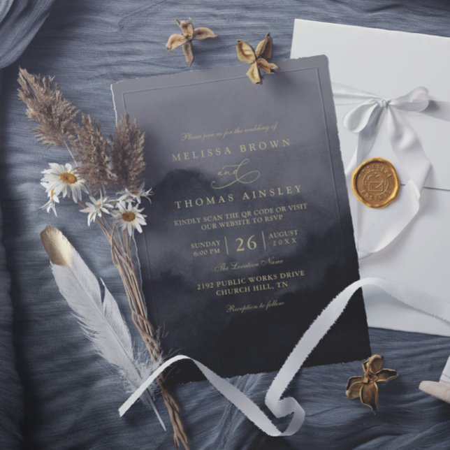 Misty Mountain Black Watercolor QR Code Wedding Invitation (Creator Uploaded)