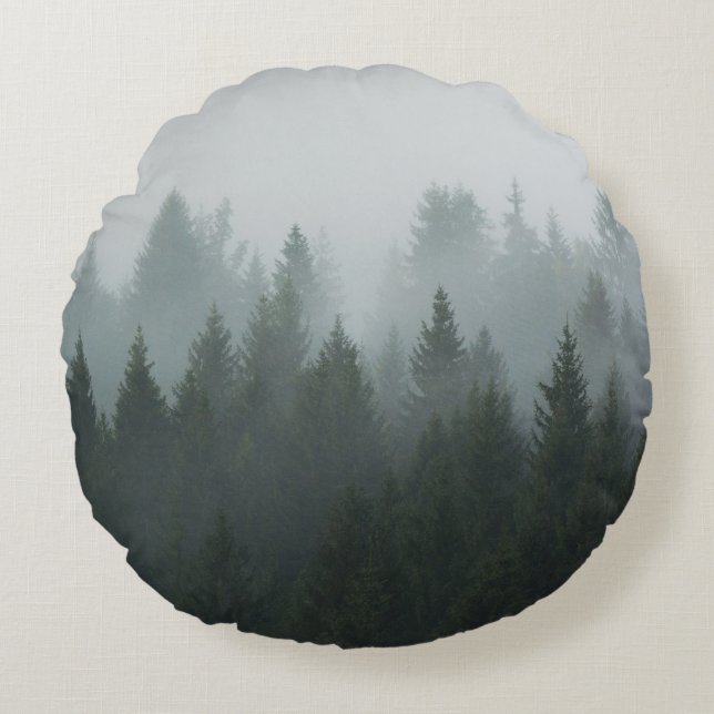 Misty Mountain Forest Autumn Fog Round Pillow (Front)