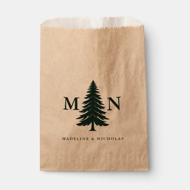 Misty Mountain Forest Green Pine Tree Wedding Favour Bag (Front)