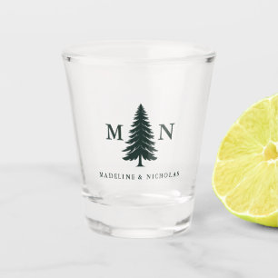 Misty Mountain Forest Green Pine Tree Wedding Shot Glass