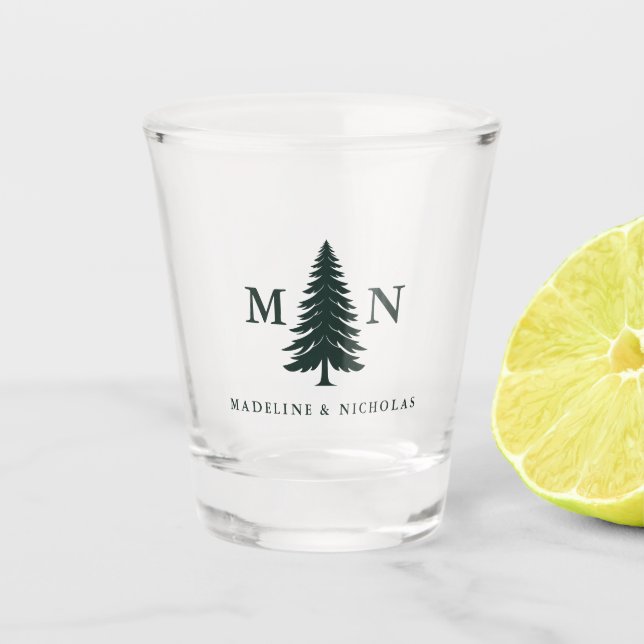 Misty Mountain Forest Green Pine Tree Wedding Shot Glass (Front)