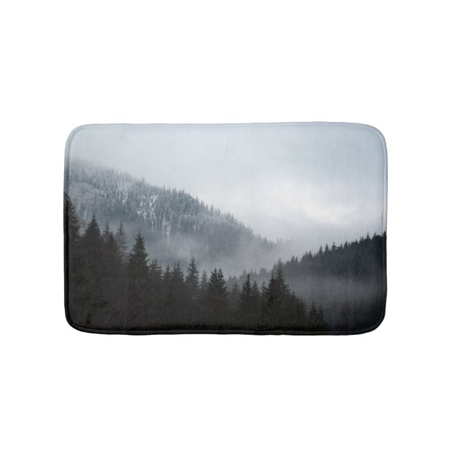 Misty Mountain Forest: Scenic Landscape View Bath Mat (Front)