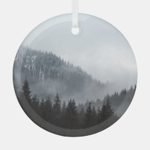 Misty Mountain Forest: Scenic Landscape View Glass Ornament