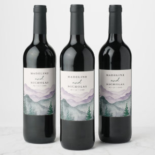 Misty Mountain Forest Watercolor Wedding Wine Label