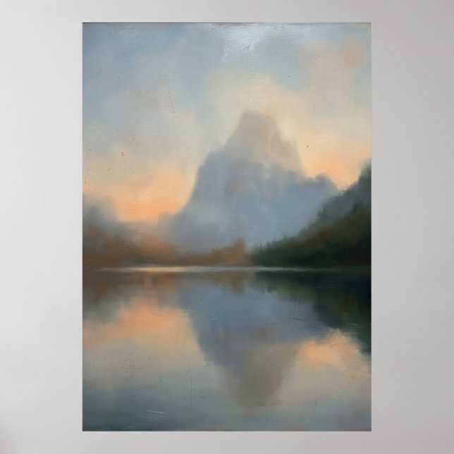 Misty Mountain Lake Dawn Pastel Luminous Oil Paint Poster (Front)