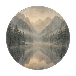 Misty Mountain Lake Reflection Pine Forest Sunrise Cutting Board