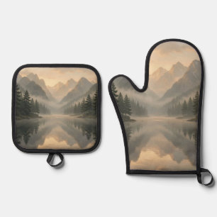 Misty Mountain Lake Reflection Pine Forest Sunrise Oven Mitt & Pot Holder Set