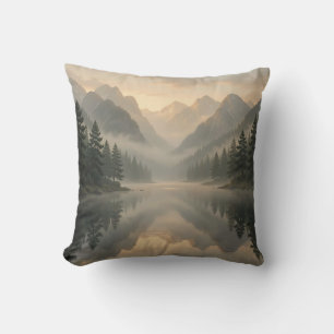 Misty Mountain Lake Reflection Pine Forest Sunrise Throw Pillow