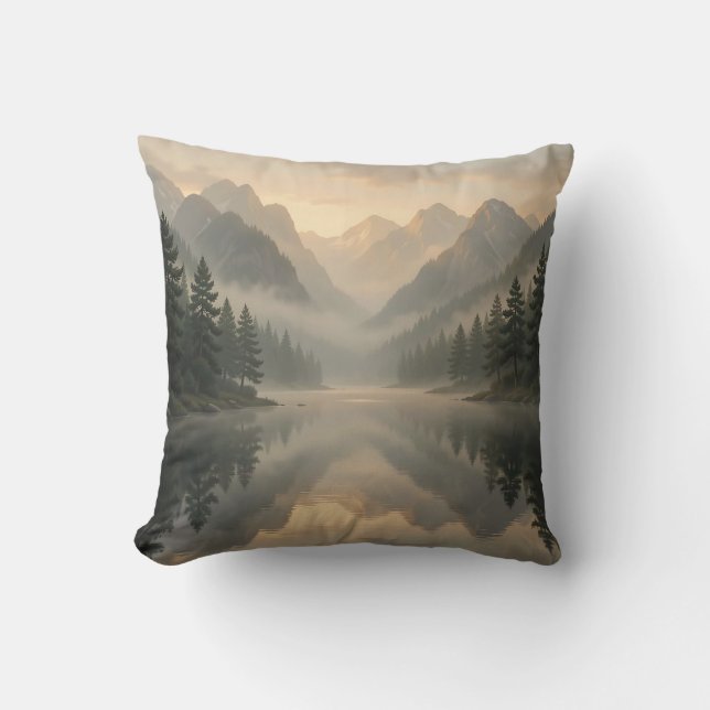 Misty Mountain Lake Reflection Pine Forest Sunrise Throw Pillow (Front)