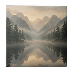 Misty Mountain Lake Reflection Pine Forest Sunrise Tile
