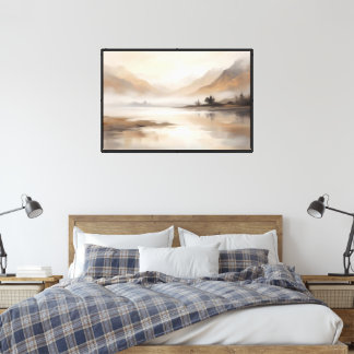 Misty Mountain Lake – Soft Neutral Landscape Canvas Print