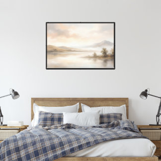 Misty Mountain Lake – Soft Neutral Landscape Canvas Print