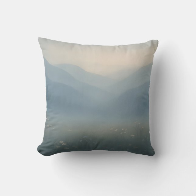 Misty Mountain Landscape Throw Pillow (Front)