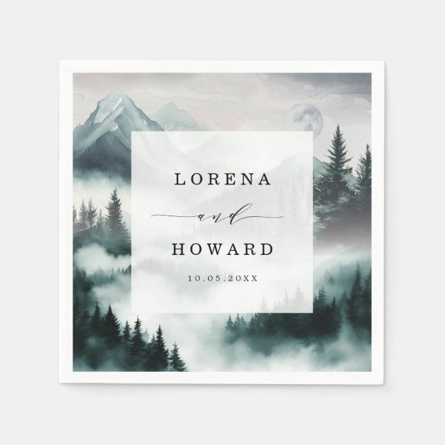 Misty Mountain Moon Pine Forest Wedding Napkins (Front)