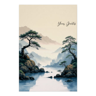 Misty Mountain River Chinese Ink Painting Poster