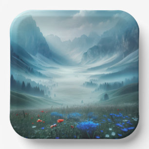 Misty Mountain Valley With Wildflowers Paper Plate