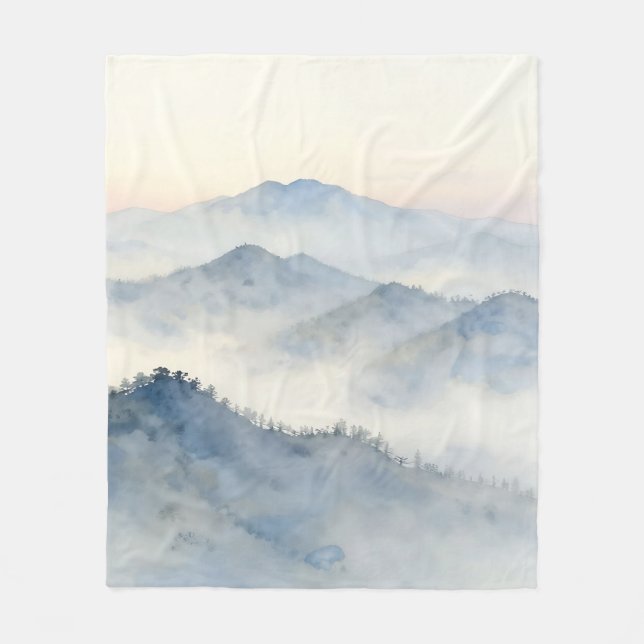 Misty Mountain Watercolor Landscape Fleece Blanket (Front)